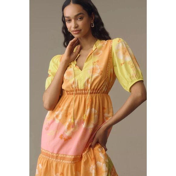 NWT Farm Rio Anthropologie Short-Sleeve Tiered Yellow Midi Dress Size SMALL - Picture 3 of 11